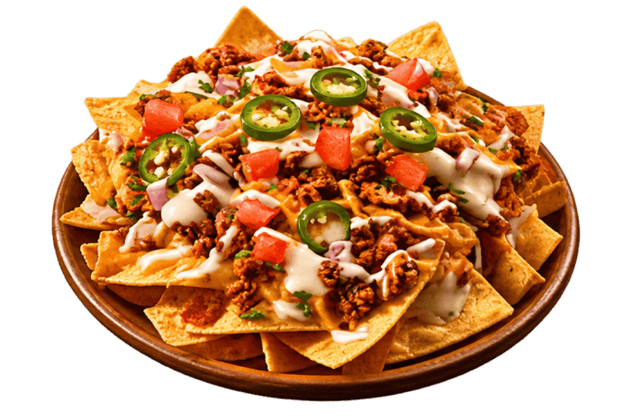 Loaded nachos topped with meat, cheese, jalapeños, and tomatoes