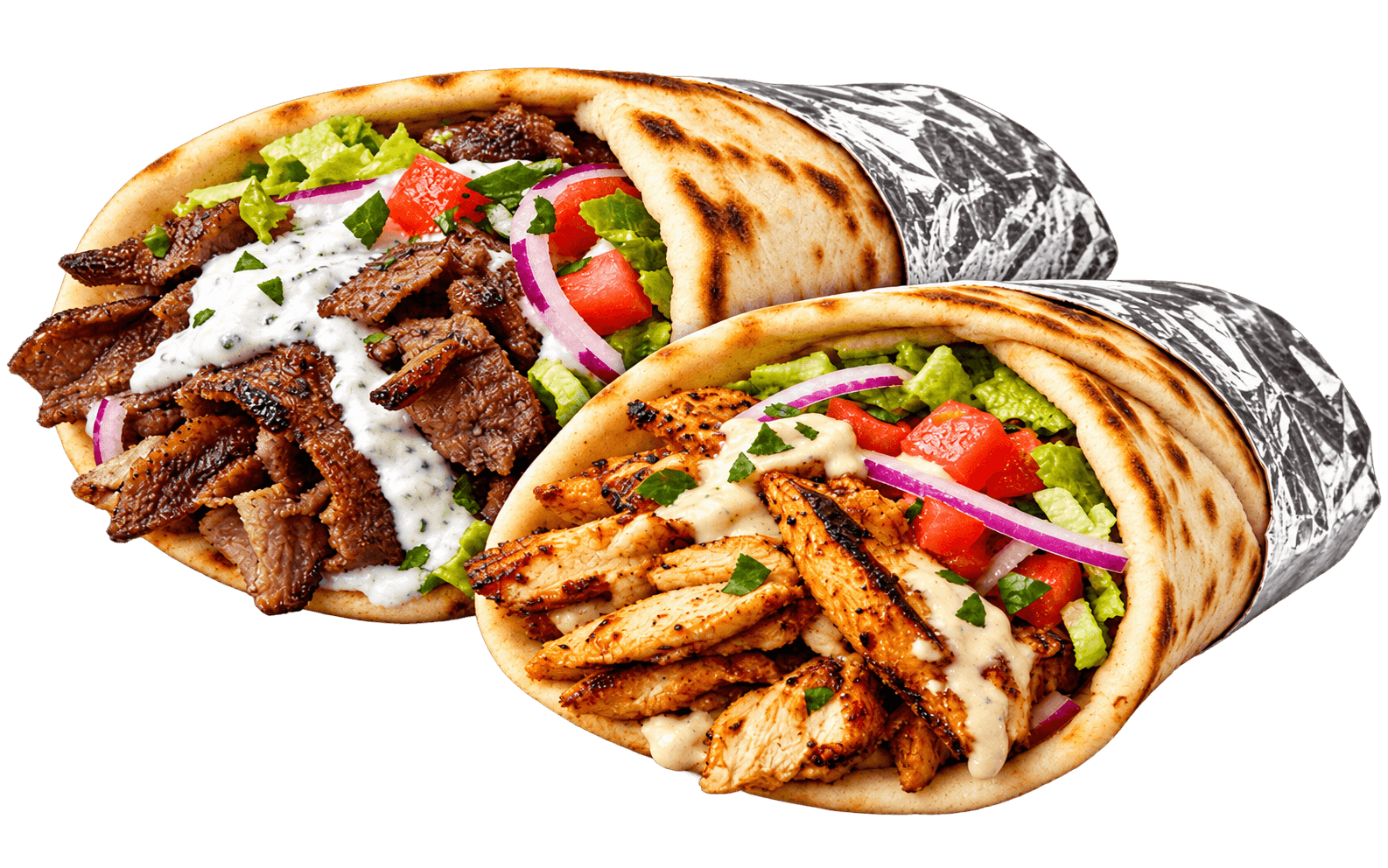 Lamb gyro and chicken shawarma wraps